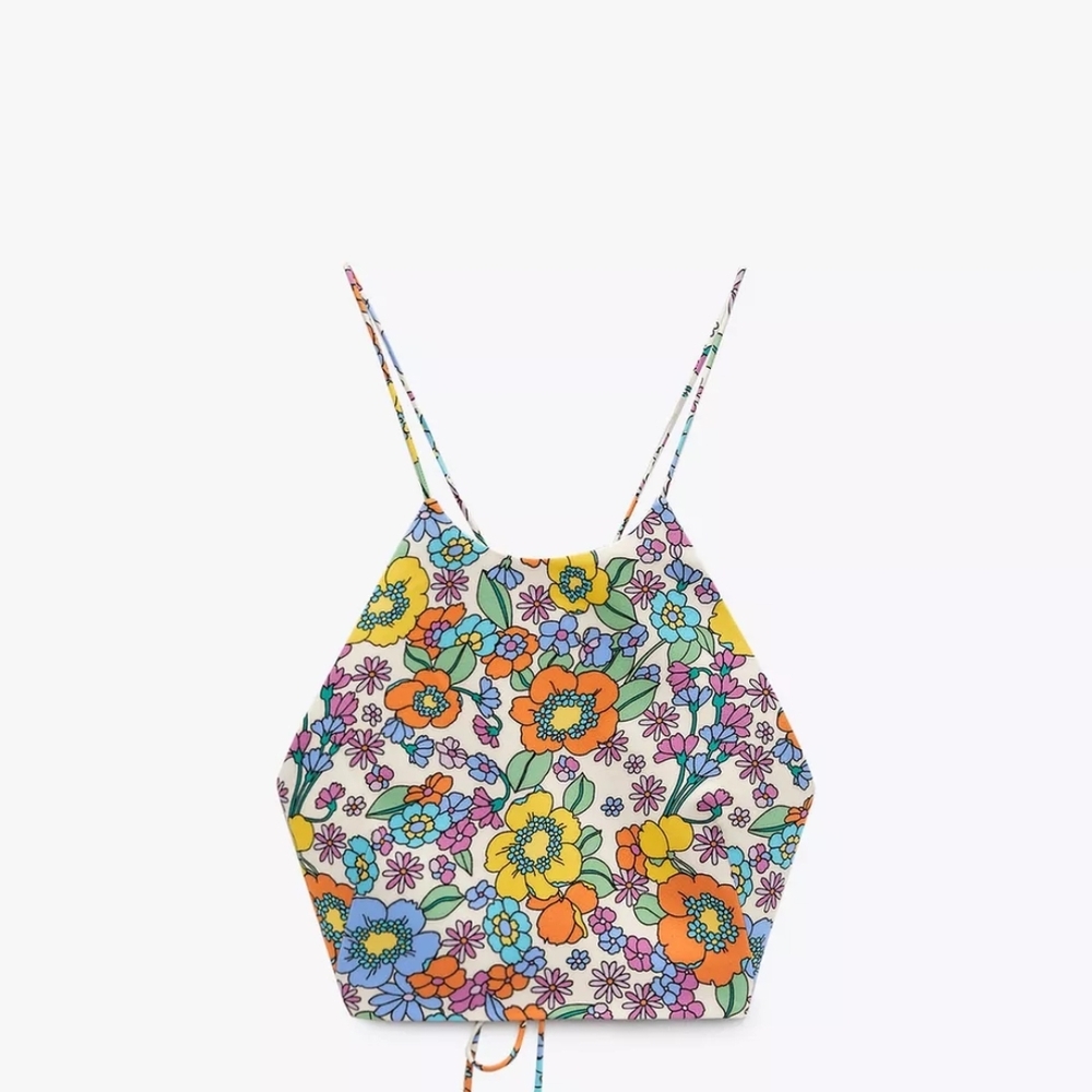 Zara Blue and Orange Sleeveless Crop Top with Tie Front